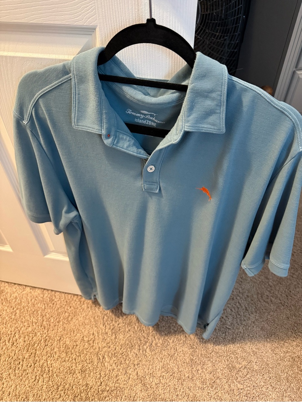 Tommy Bahama island zone Sky Blue Polo with Orange Logo. Men’s Large.